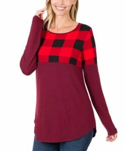 Cheapest ⌛ Zenana Dark Burgundy Buffalo Check Long-Sleeve Curved-Hem Tee - 👩 Women & Plus 🎉