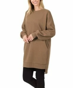 Best Pirce 🔔 Zenana Mocha Crewneck Hi-Low Pocket Oversize Sweatshirt - 👩 Women & Plus 👍