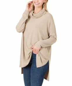 Best deal 🛒 Zenana Ash Mocha Cowl-Neck Long-Sleeve Side-Slit Hi-Low Tunic - 👩 Women & Plus 🛒
