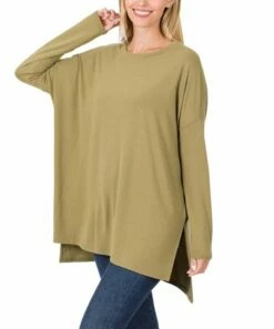 Cheapest ✨ Zenana Khaki Scoop Neck Long-Sleeve Hi-Low Tunic - Plus 🔔