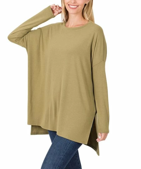 Cheapest β¨ Zenana Khaki Scoop Neck Long-Sleeve Hi-Low Tunic - Plus π