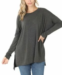 Cheapest ✔️ Zenana Charcoal Scoop Neck Long-Sleeve Side-Slit Hi-Low Tunic - 👩 Women & Plus 😍