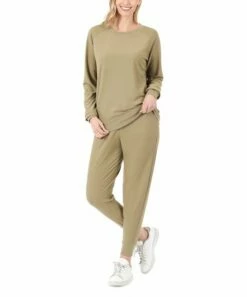 New ❤️ Zenana Khaki Long-Sleeve Raglan Top & Joggers - 👩 Women ✔️