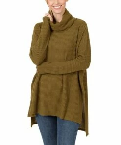 Cheap 😍 Zenana Dark Olive Waffle-Knit Turtleneck Hi-Low Sweater - 👩 Women 😉