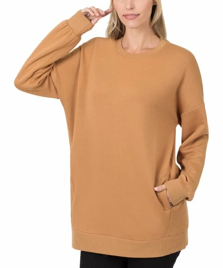 Hot Sale π Zenana Deep Camel Crewneck Oversize Pocket Sweatshirt - π© Women π
