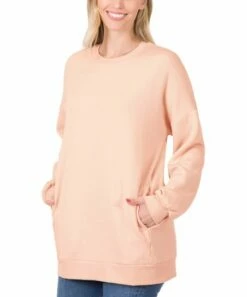 Best Pirce 🎉 Zenana Dusty Blush Crewneck Oversize Pocket Sweatshirt - 👩 Women 🥰