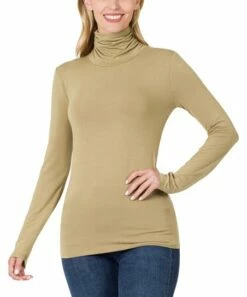 New ✔️ Zenana Khaki Mock Neck Long-Sleeve Tee - 👩 Women 😀