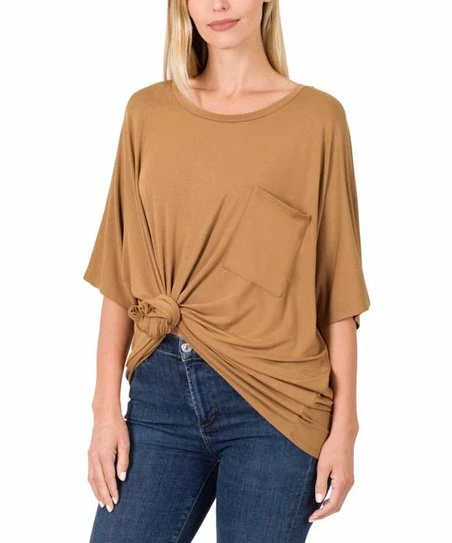 Hot Sale ๐ Zenana Deep Camel Oversize Round-Neck Pocket Tee - Plus โญ