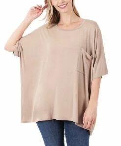 Cheap 😀 Zenana Ash Mocha Oversize Round-Neck Pocket Tee - 👩 Women 🤩