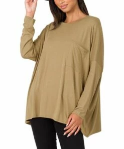 Deals ✨ Zenana Khaki Oversize Round-Neck Pocket Long-Sleeve Tee - 👩 Women 🔔