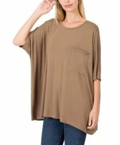 Best reviews of ✔️ Zenana Mocha Oversize Round-Neck Pocket Tee - Plus 👏