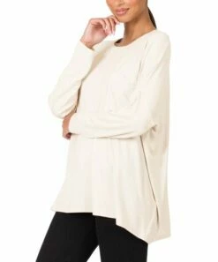 Coupon ✔️ Zenana Sand Beige Oversize Round-Neck Pocket Long-Sleeve Tee - 👩 Women & Plus 🎁