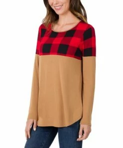 Promo 💯 Zenana Deep Camel Buffalo Check Long-Sleeve Curved-Hem Tee - 👩 Women 👏