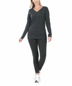 Budget ✔️ Zenana Charcoal Long-Sleeve V-Neck Top & Leggings - 👩 Women ⌛