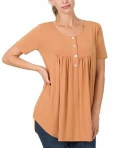 Best deal 👍 Zenana Butter Orange Button-Front Short-Sleeve Curved-Hem Tee - Plus 💯