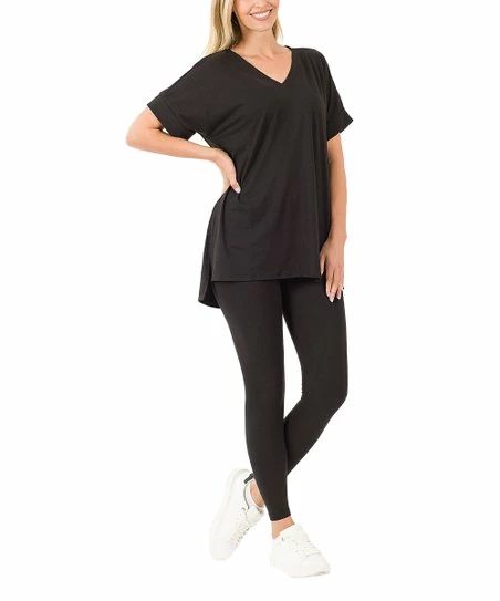 Buy π Zenana Black V-Neck Short-Sleeve Tee & Leggings - π© Women & Plus βοΈ