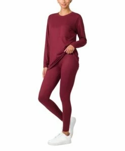 Hot Sale 🧨 Zenana Dark Burgundy Pocket Crewneck Long-Sleeve Top & Leggings - 👩 Women 🥰