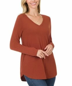Coupon 😉 Zenana Dark Rust V-Neck Long-Sleeve Curved-Hem Tee - 👩 Women & Plus ⭐