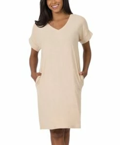 Promo 😍 Zenana Heather Beige V-Neck Pocket Shift 👗 Dress - 👩 Women 👏