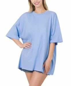 Top 10 👍 Zenana Spring Blue Drop-Shoulder Oversize Boyfriend Tee - 👩 Women 😍