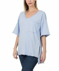 Buy 🔥 Zenana Cream Blue Front-Pocket Raw-Edge Oversize V-Neck Tee - 👩 Women 😍