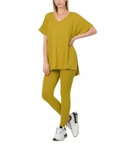 Deals ✔️ Zenana Olive Mustard V-Neck Short-Sleeve Tee & Leggings - Plus 🧨