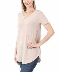 Buy 💯 Zenana Dusty Blush V-Neck Curved-Hem Tee - 👩 Women ⌛