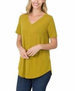 Budget 😍 Zenana Olive Mustard V-Neck Curved-Hem Tee - 👩 Women ⌛