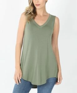 Top 10 🥰 Zenana Light Olive V-Neck Hi-Low Curved-Hem Tank - 👩 Women 💯