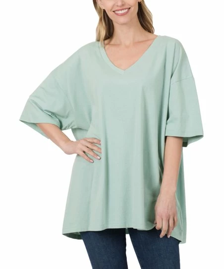 Discount ๐ Zenana Light Green Drop-Shoulder Longline Box V-Neck Tee - Plus โจ