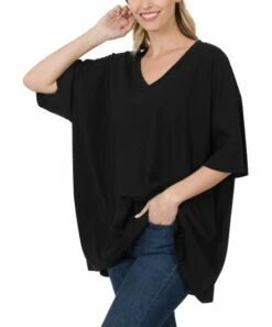 Best Pirce 👍 Zenana Black Drop-Shoulder Longline Box V-Neck Tee - 👩 Women 😍