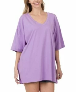 Top 10 🔔 Zenana Lavender Drop-Shoulder Longline Box V-Neck Tee - 👩 Women & Plus 🛒