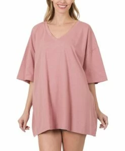 Budget ✨ Zenana Light Rose Drop-Shoulder Longline Box V-Neck Tee - 👩 Women & Plus 👏