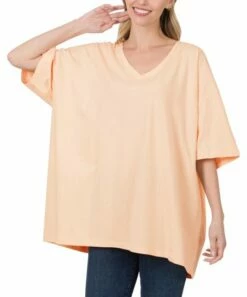 Best deal 😀 Zenana Cream Peach Drop-Shoulder Longline Box V-Neck Tee - 👩 Women & Plus 🧨