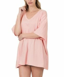 Best Pirce 🎉 Zenana Dusty Pink Drop-Shoulder Longline Box V-Neck Tee - Plus ⭐