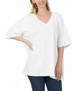 Top 10 💯 Zenana White Drop-Shoulder Longline Box V-Neck Tee - 👩 Women 🎁