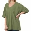 Outlet ⌛ Zenana Ash Olive Drop-Shoulder Longline Box V-Neck Tee - 👩 Women 😀