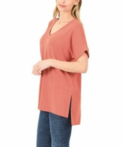 Outlet ✨ Zenana Ash Rose V-Neck Folded-Sleeve Side-Slit Tee - 👩 Women 🎁