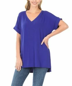 Coupon 😀 Zenana Bright Blue V-Neck Folded-Sleeve Side-Slit Tee - 👩 Women 🧨