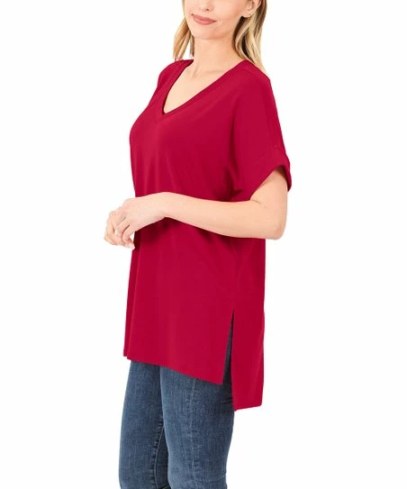 Best reviews of ๐ Zenana Burgundy V-Neck Folded-Sleeve Side-Slit Tee - Plus ๐
