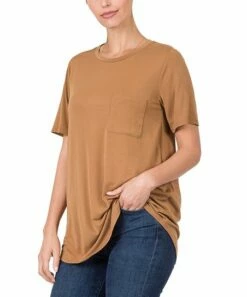 Coupon 🔔 Zenana Deep Camel Front Pocket Crewneck Tee - 👩 Women & Plus 😀