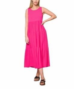 Best Sale ❤️ Zenana Fuchsia Tiered Ruffle Sleeveless Midi 👗 Dress - 👩 Women 🔔
