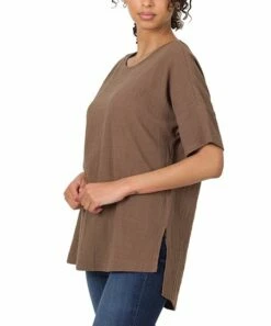 Buy 💯 Zenana Mocha Half-Sleeve Side Slit Hi-Low Top - 👩 Women 🎉