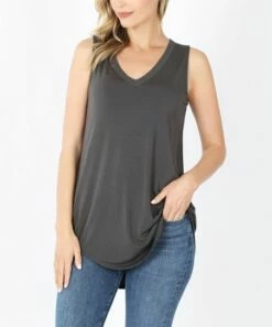 Best deal 🤩 Zenana Ash Gray V-Neck Hi-Low Curved-Hem Tank - 👩 Women 😉