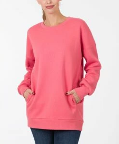 Cheap 🔥 Zenana Desert Rose Pocket Crewneck Sweatshirt - 👩 Women & Plus 💯
