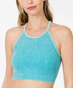 Promo ❤️ Zenana Ice Blue Vintage-Wash Ribbed Seamless Crop Camisole - 👩 Women 💯