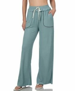 New 👏 Zenana Blue Gray Contrast Stitch Raw-Edge Pocket Drawstring-Waist Pants - 👩 Women 🌟