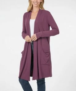 Coupon ⭐ Zenana Eggplant Long-Sleeve Open Pocket Cardigan - 👩 Women & Plus 🔔