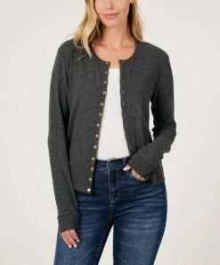 Flash Sale 🛒 Zenana Charcoal Crewneck Snap-Button Cardigan - 👩 Women 🔔