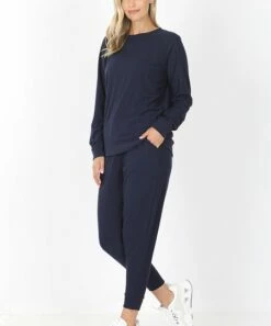 Top 10 🎉 Zenana Midnight Navy Long-Sleeve Raglan Top & Joggers - Plus 🔔